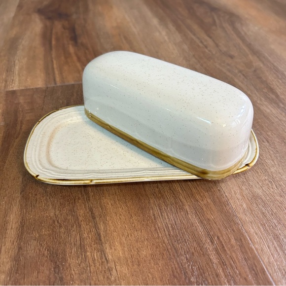 Vintage Crown Manor Handpainted Stoneware Butter Dish Japan Speckled Beige Brown - Picture 3 of 8